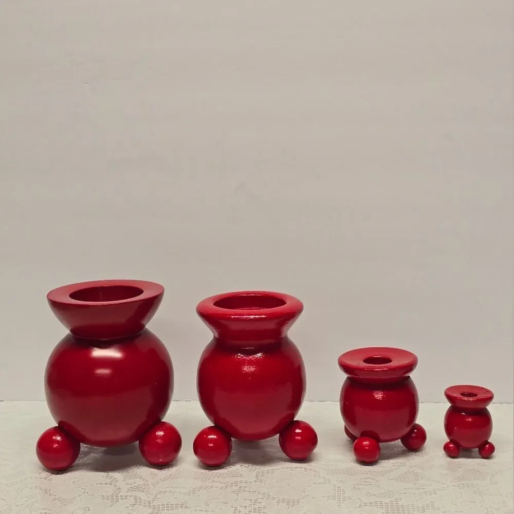 Vintage Scandinavian Swedish Wooden Red Topper Candlestick Candle Holder Set